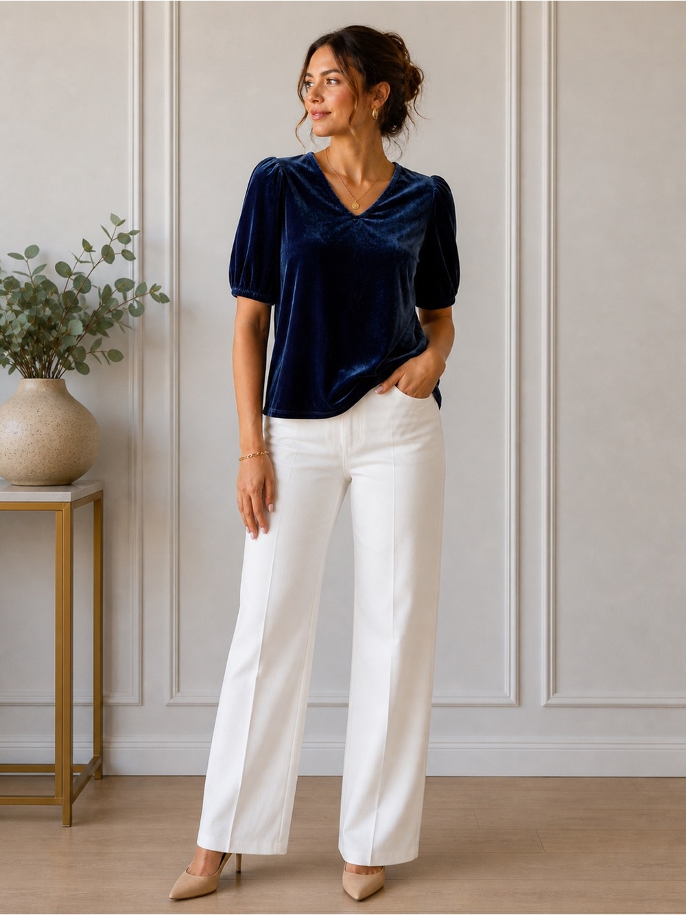 Chico's Navy Velvet V-Neck Puff Sleeve Top